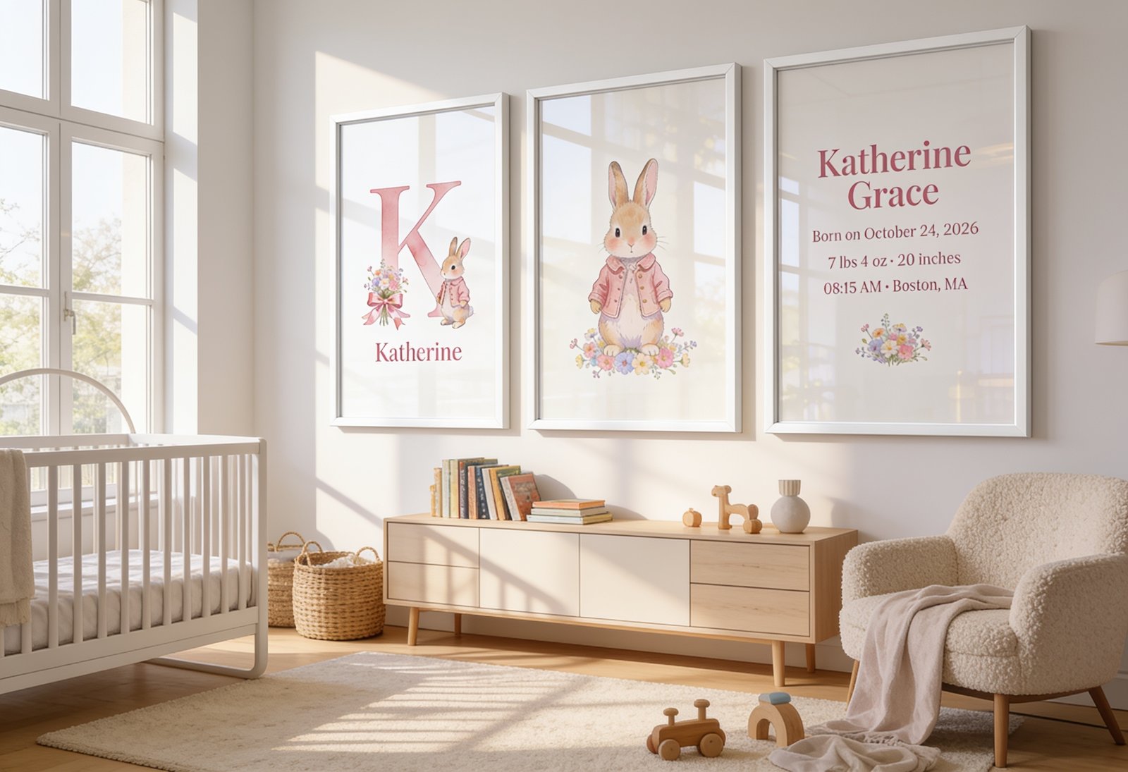 Little Bunny – Personalized Baby Nursery Set of 3 Watercolor Prints