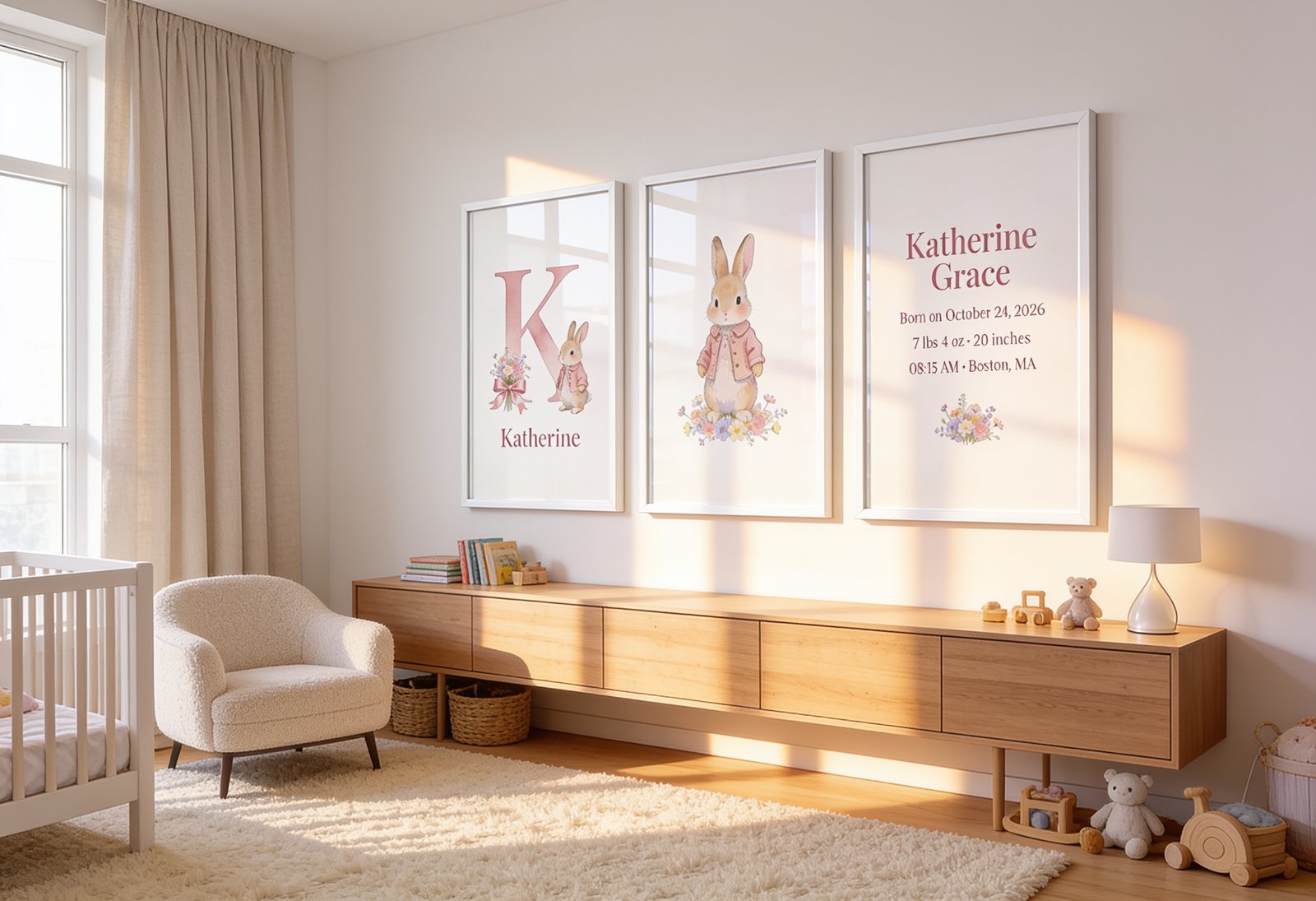 Little Bunny – Personalized Baby Nursery Set of 3 Watercolor Prints - Image 2