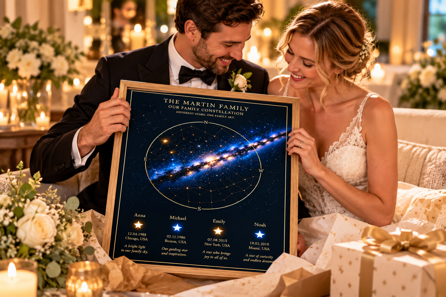 Newlyweds opening a personalized MoonlightMemory constellation wedding gift