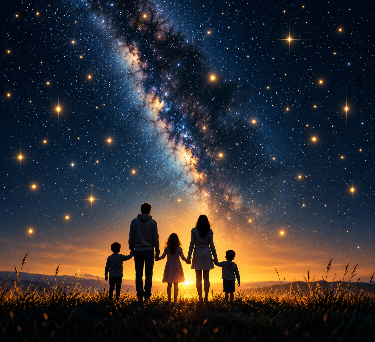 A family of five holding hands beneath a beautiful star-filled night sky