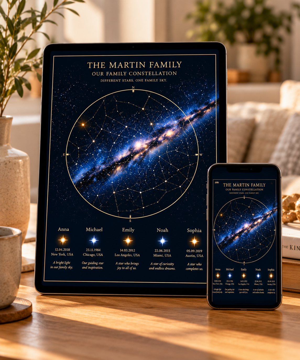 MoonlightMemory digital family constellation poster displayed on a tablet and smartphone