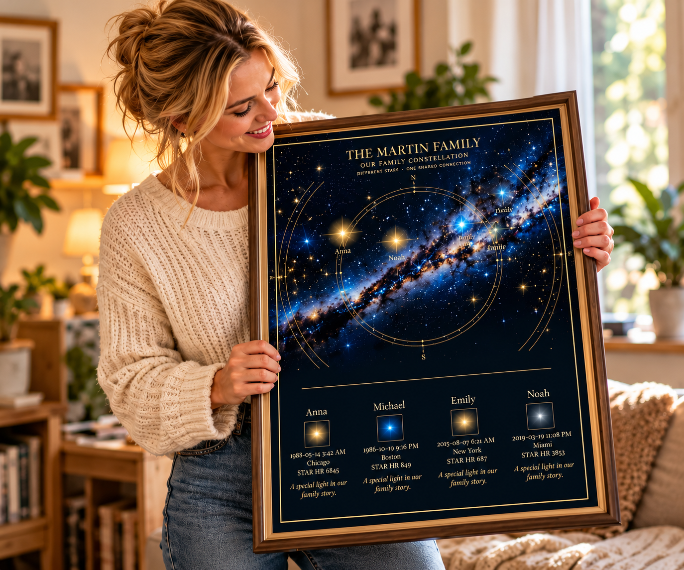 Woman holding a framed MoonlightMemory Family Constellation poster