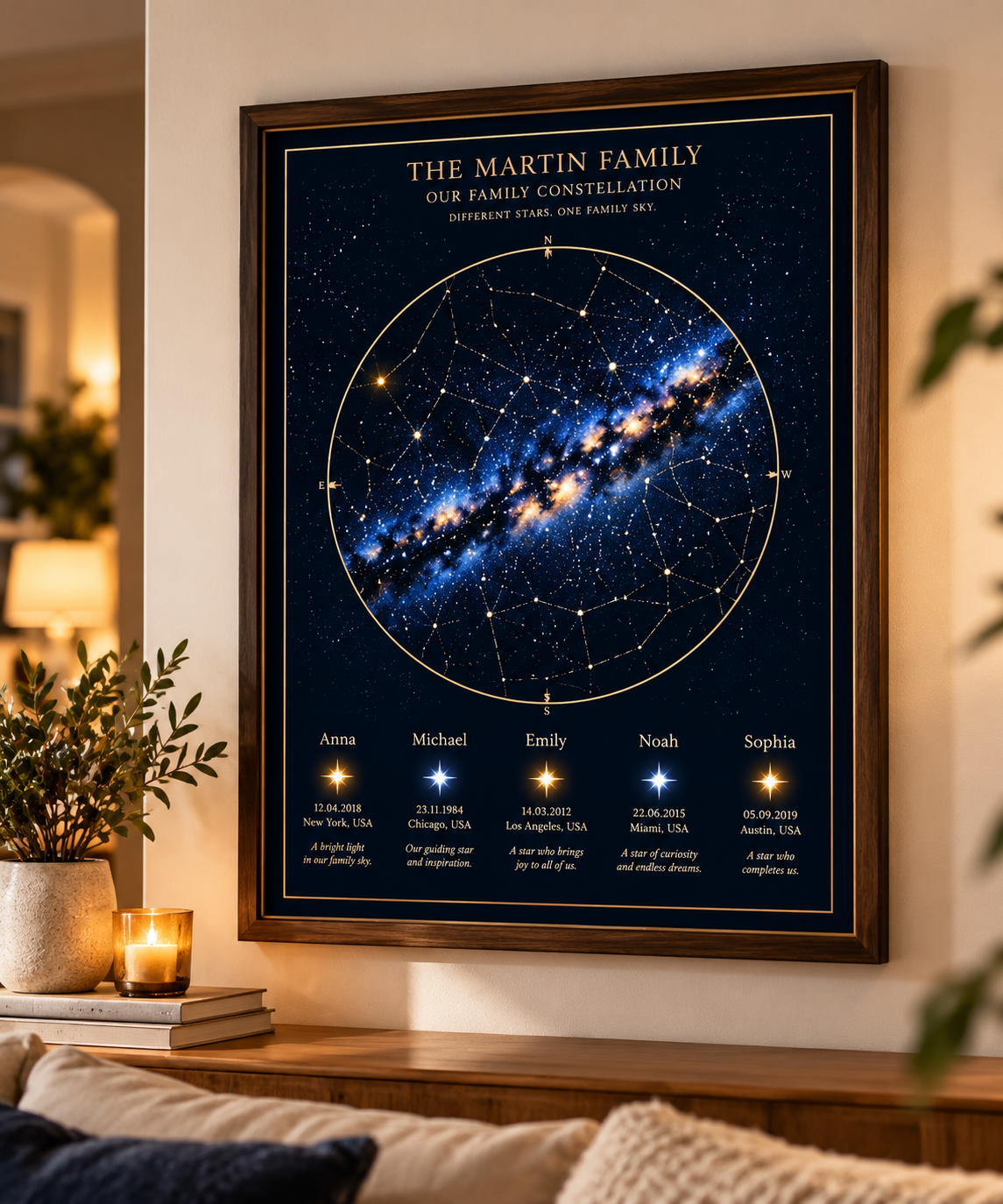 Framed MoonlightMemory family constellation poster displayed in a warm home interior