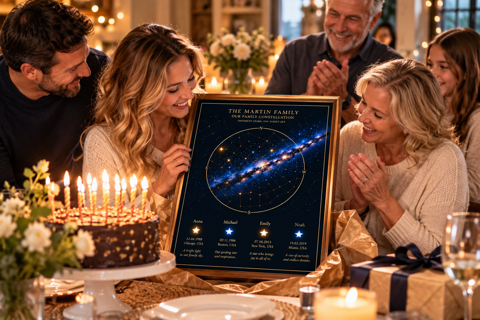 Family celebrating a birthday with a personalized MoonlightMemory constellation poster