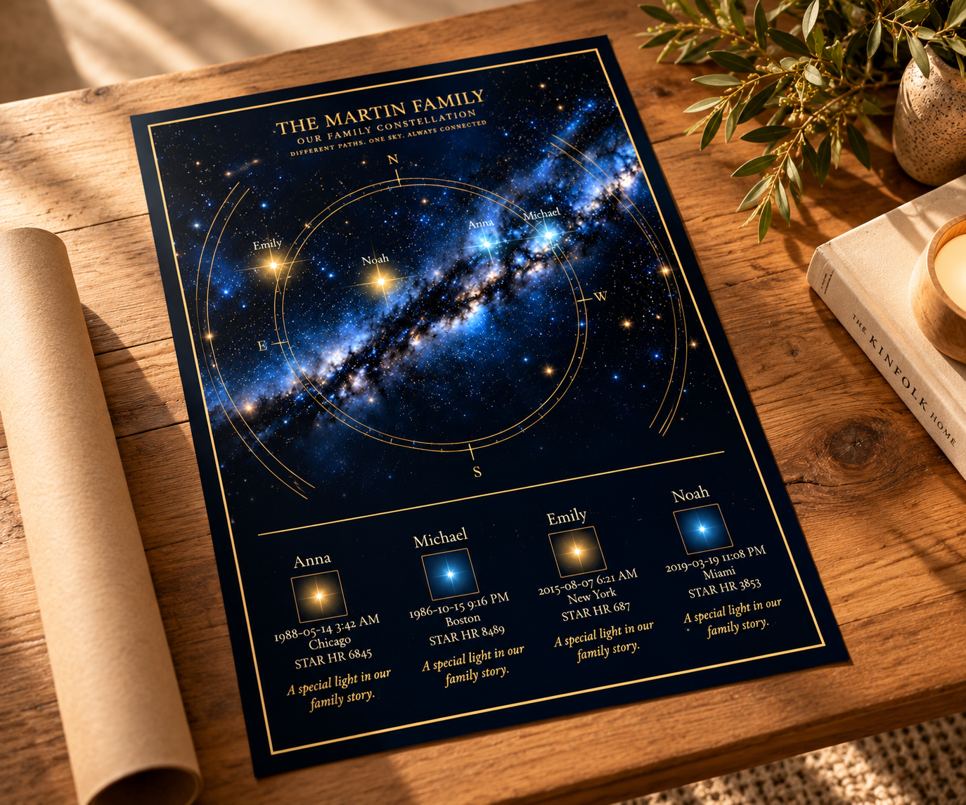MoonlightMemory unframed printed family constellation poster displayed on a wooden surface