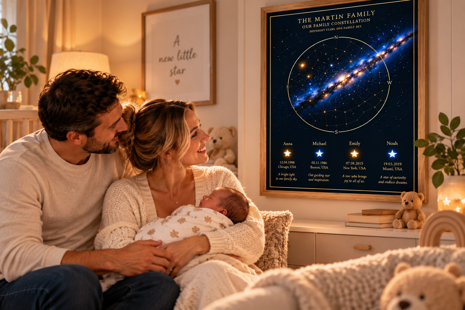 New parents holding their baby beside a framed MoonlightMemory family constellation poster