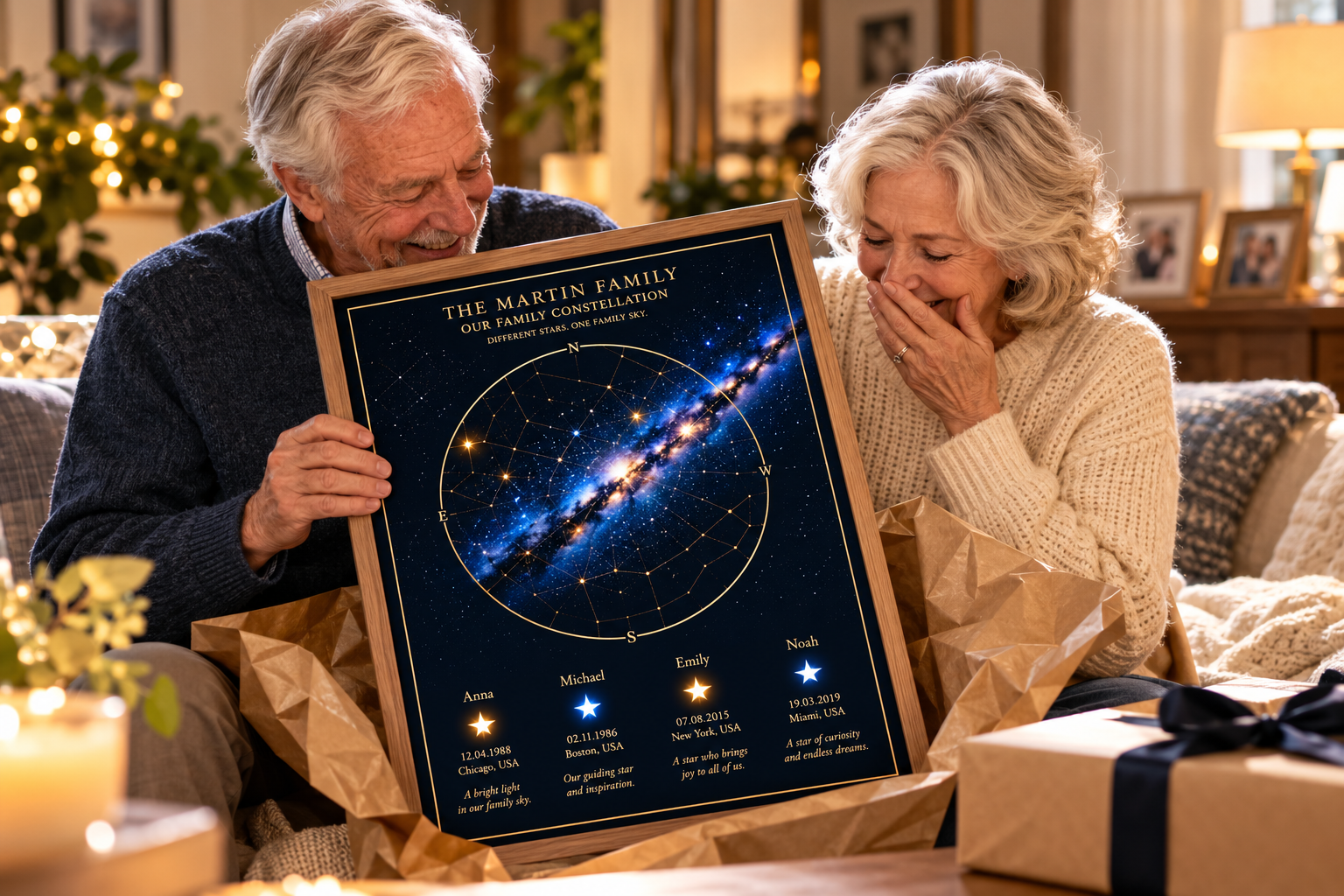 Grandparents emotionally discovering their personalized family constellation gift