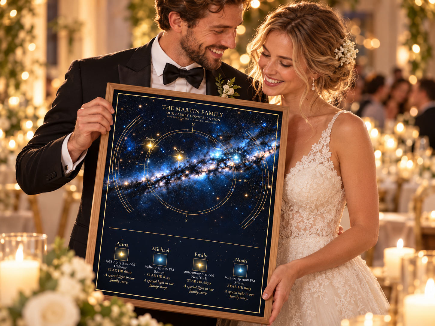 Newlyweds holding family constellation poster
