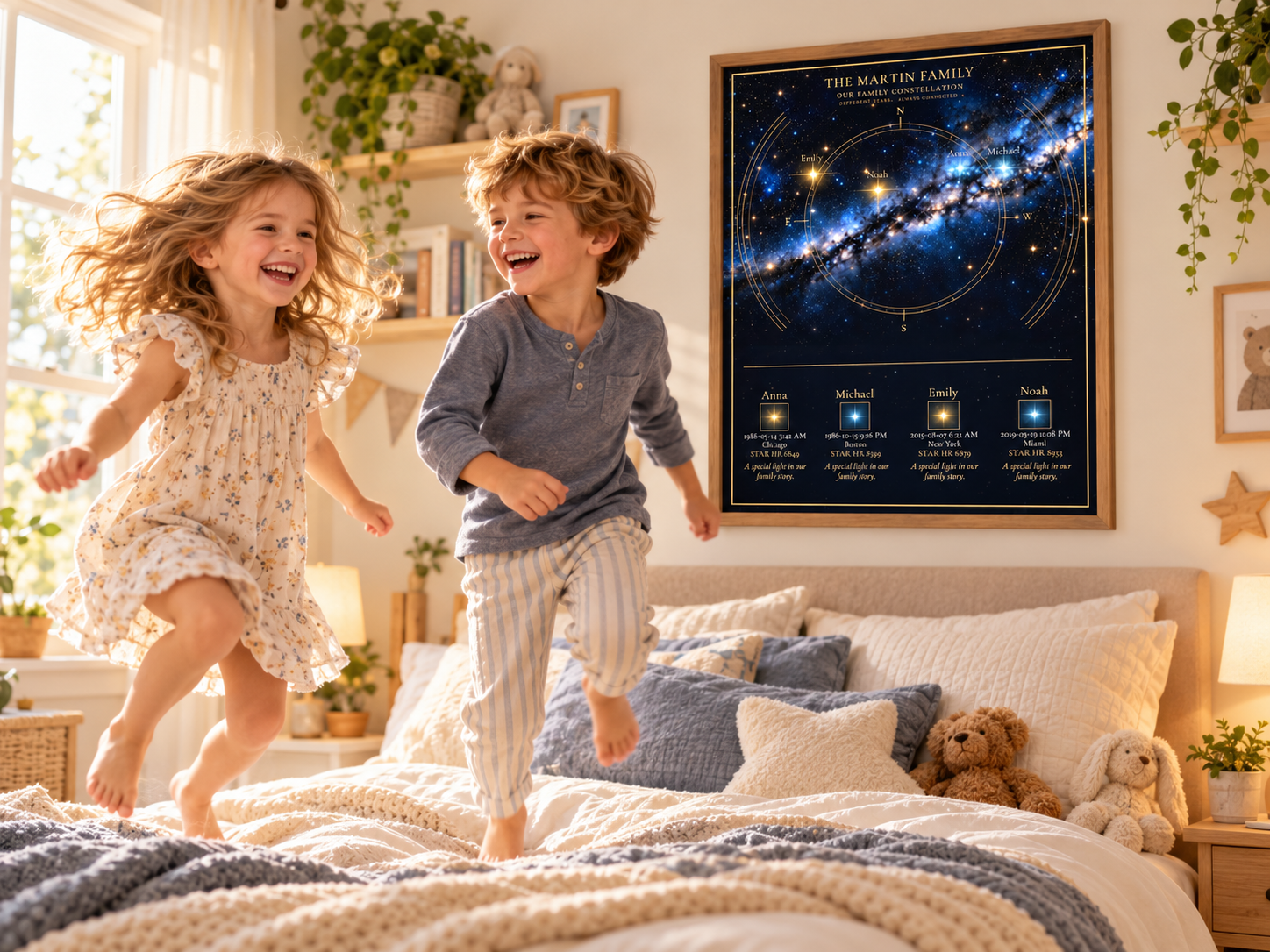 Children in bedroom with family constellation poster on the wall