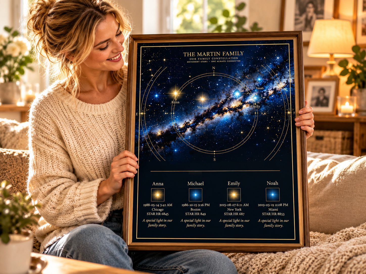 Woman presenting a personalized MoonlightMemory family constellation poster