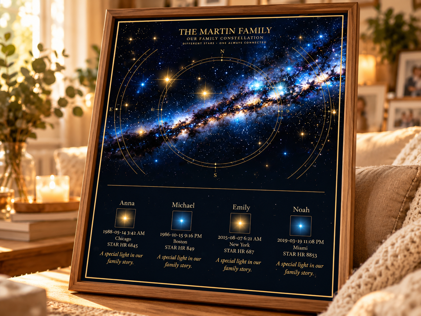Detailed MoonlightMemory family constellation poster featuring a star-filled sky and personalized birth stars